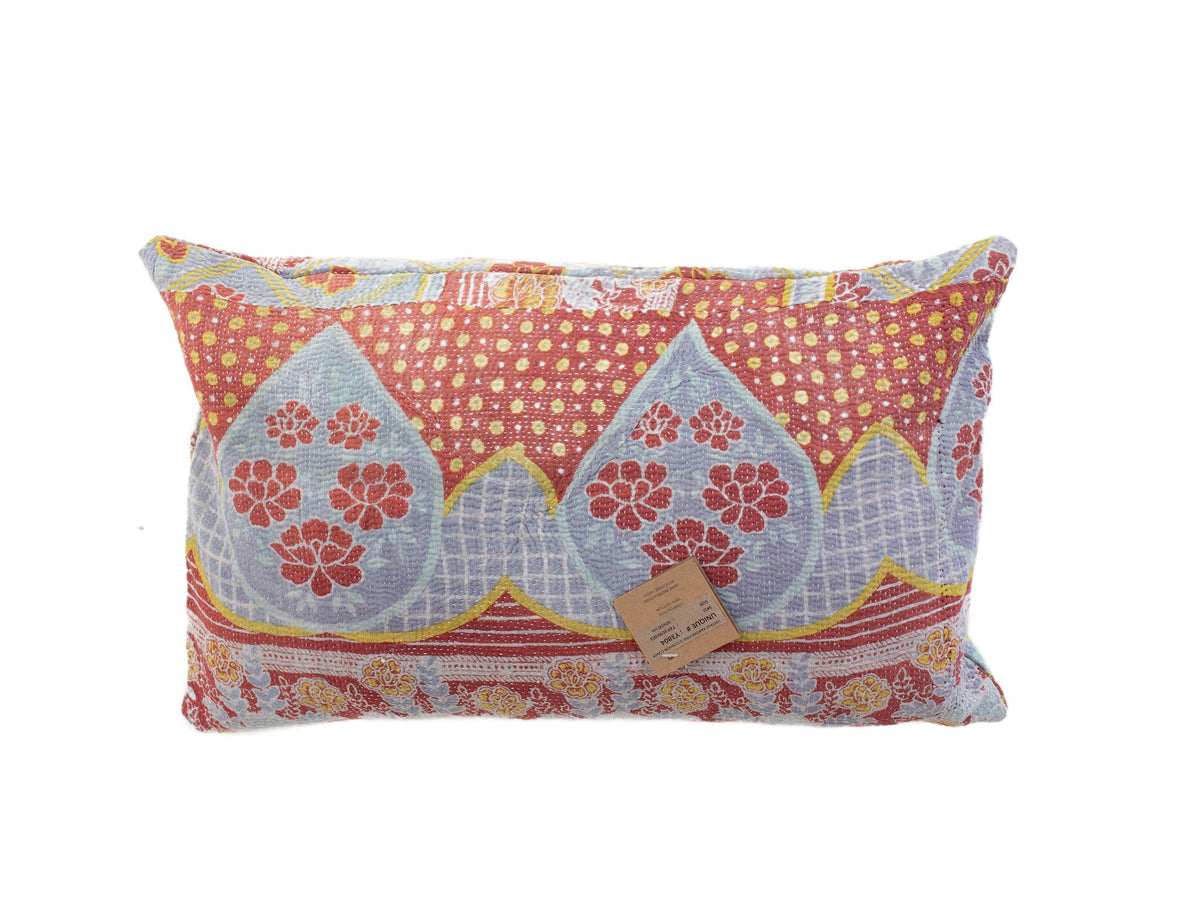 Sari pillowcase 30x50 with light blue/gray base, colorful flowers in red and gold diamonds and ethnic vintage oriental patterns (unique sari pillow/pillowcase).