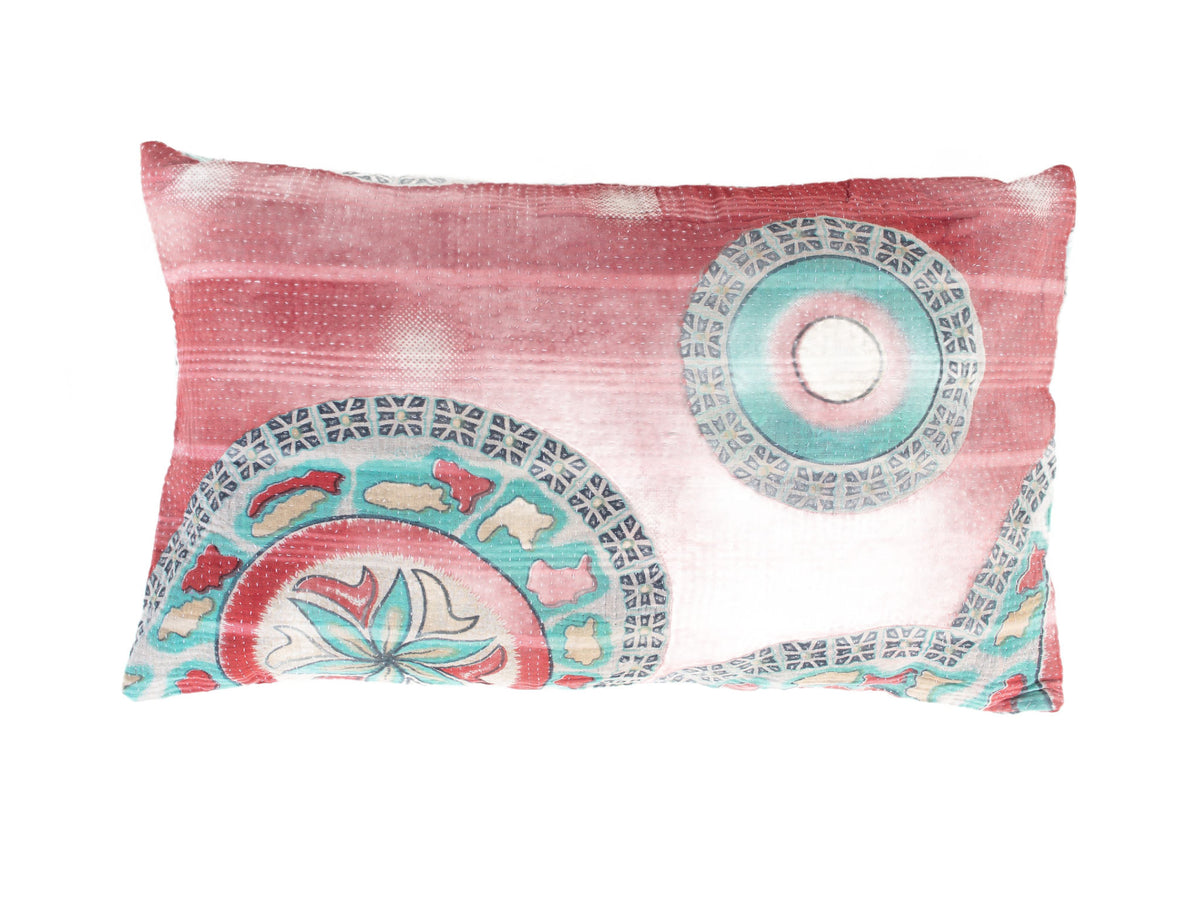 Sari pillowcase 30x50 with colorful bohemian Indian patterns in red/burgundy, light blue and yellow with floral ornaments - unique vintage sari pillow in upcycled sari fabric
