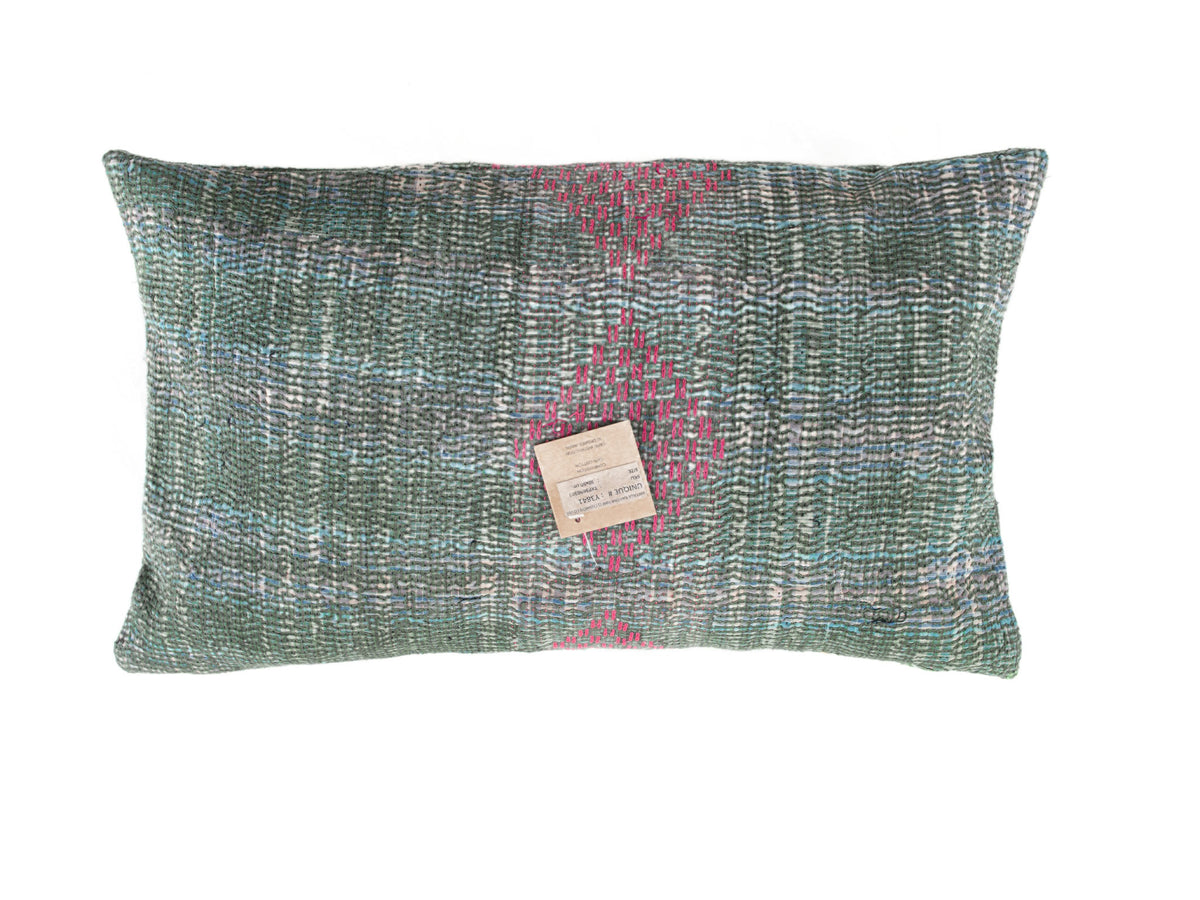 Sari pillowcase 30x50 in olive green with colorful pink patterns and ethnic/Indian embroidery - unique boho sari pillow