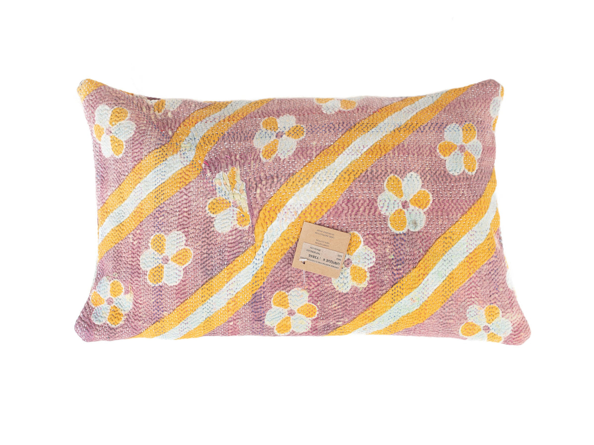 Sari pillowcase 30x50 with purple and ochre colors, bohemian flowers and stripe pattern in white and light blue - unique Indian pillowcase with oriental vintage look