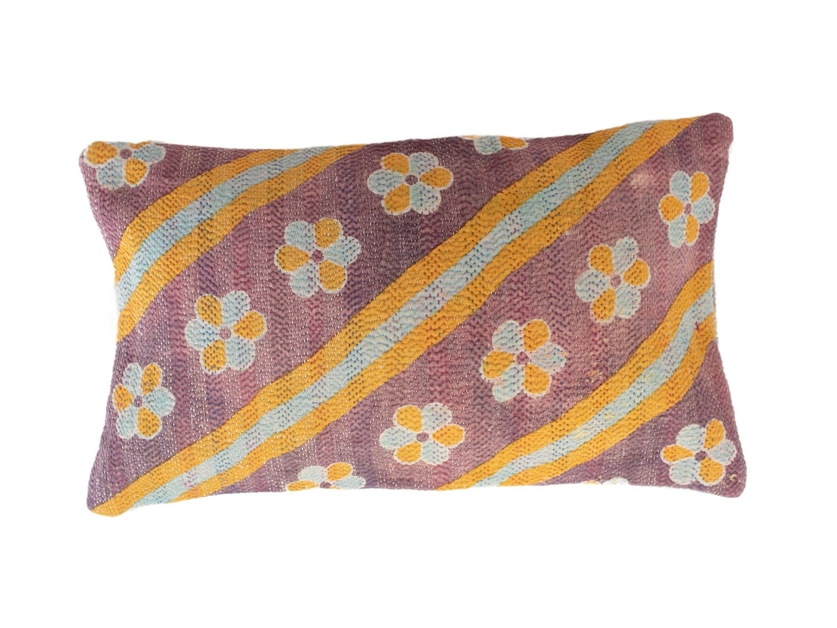 Sari pillowcase 30x50 cm in dark blue with white dots and colorful flowers in red, cream and light blue - vintage boho Indian/ethnic upcycled sari pillow.