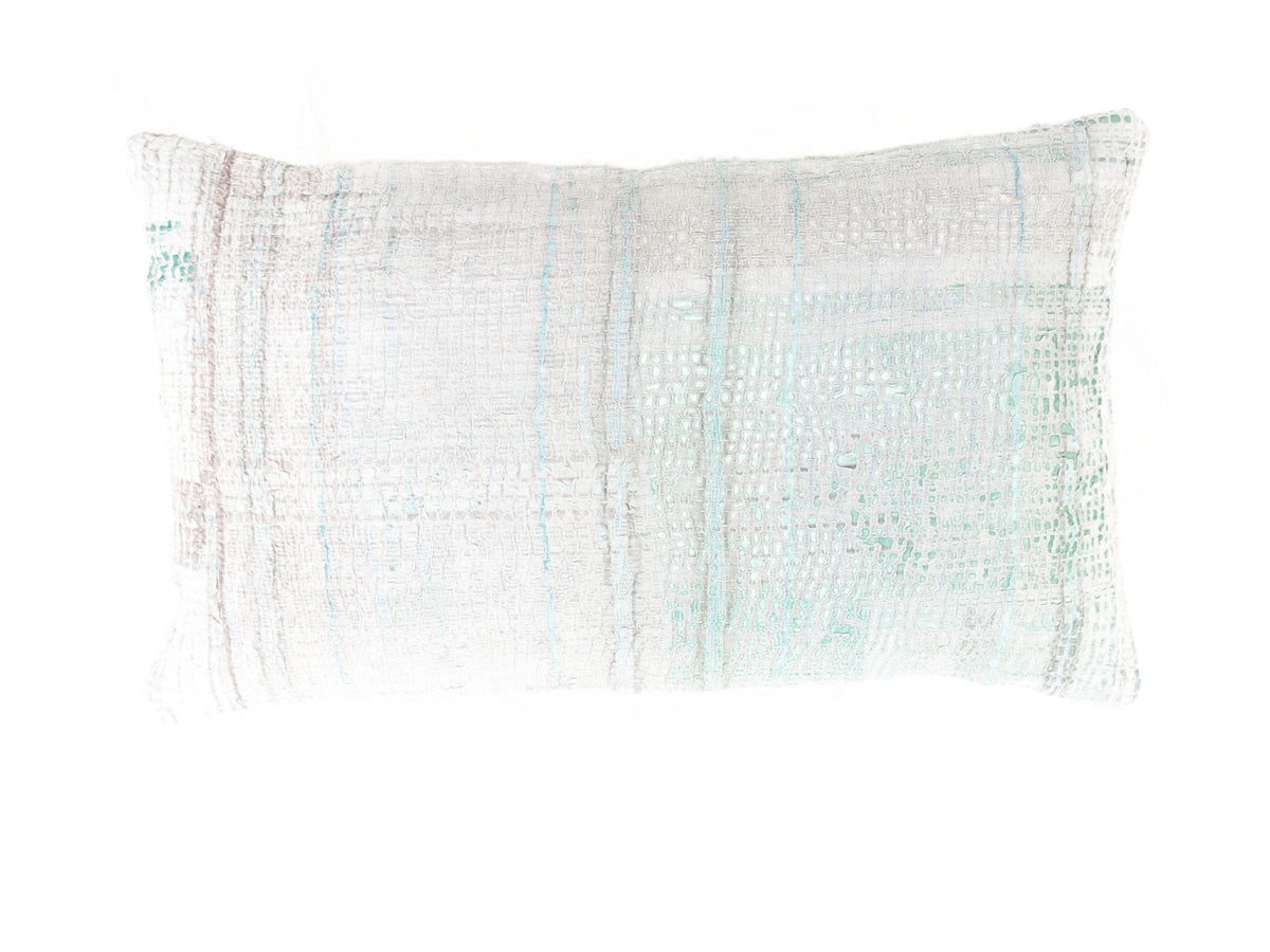 Sari pillowcase 30x50 with white base and light blue pattern, colorful boho/bohemian Indian sari pillows with embroidered stripes