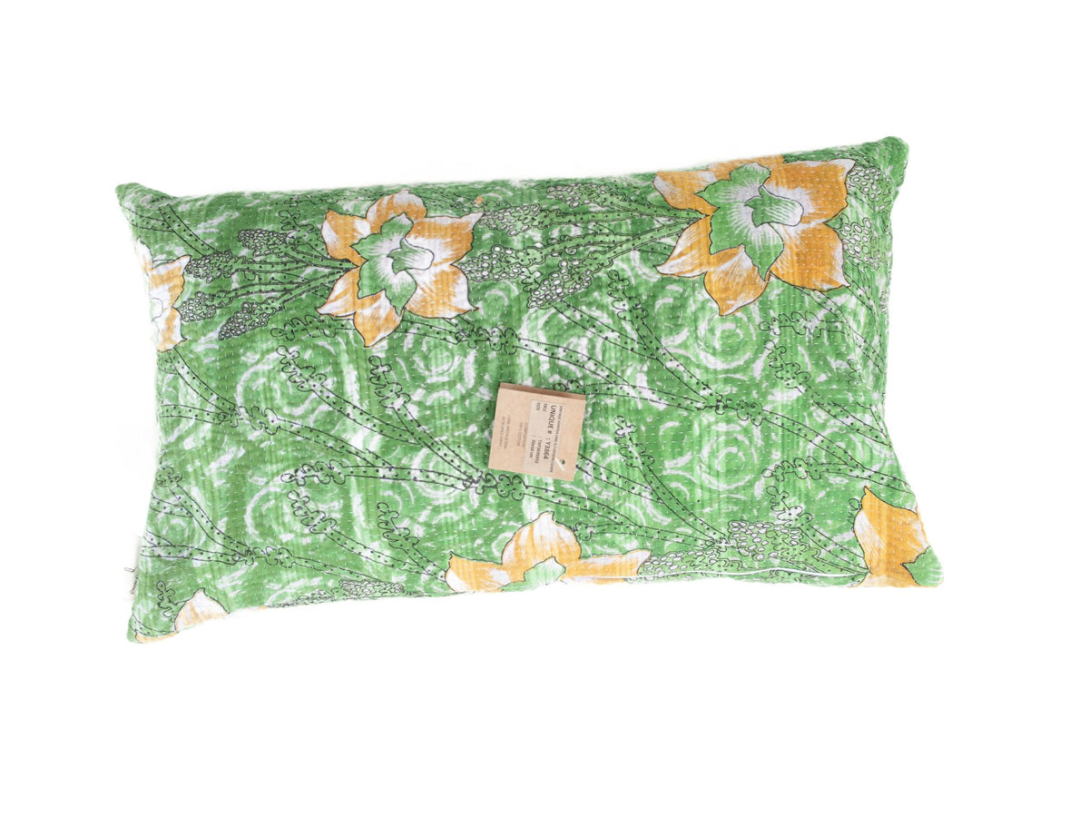 Sari pillowcase 30x50 in green and yellow tones with floral and ornamental patterns, Indian and vintage boho sari pillow (unique pillowcases)
