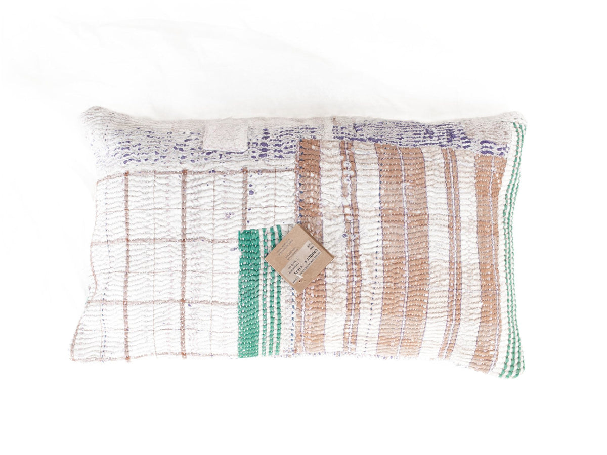 Sari pillowcase in 30x50 cm with patterned patchwork in white, pink, purple and green with embroidered checks and stripes