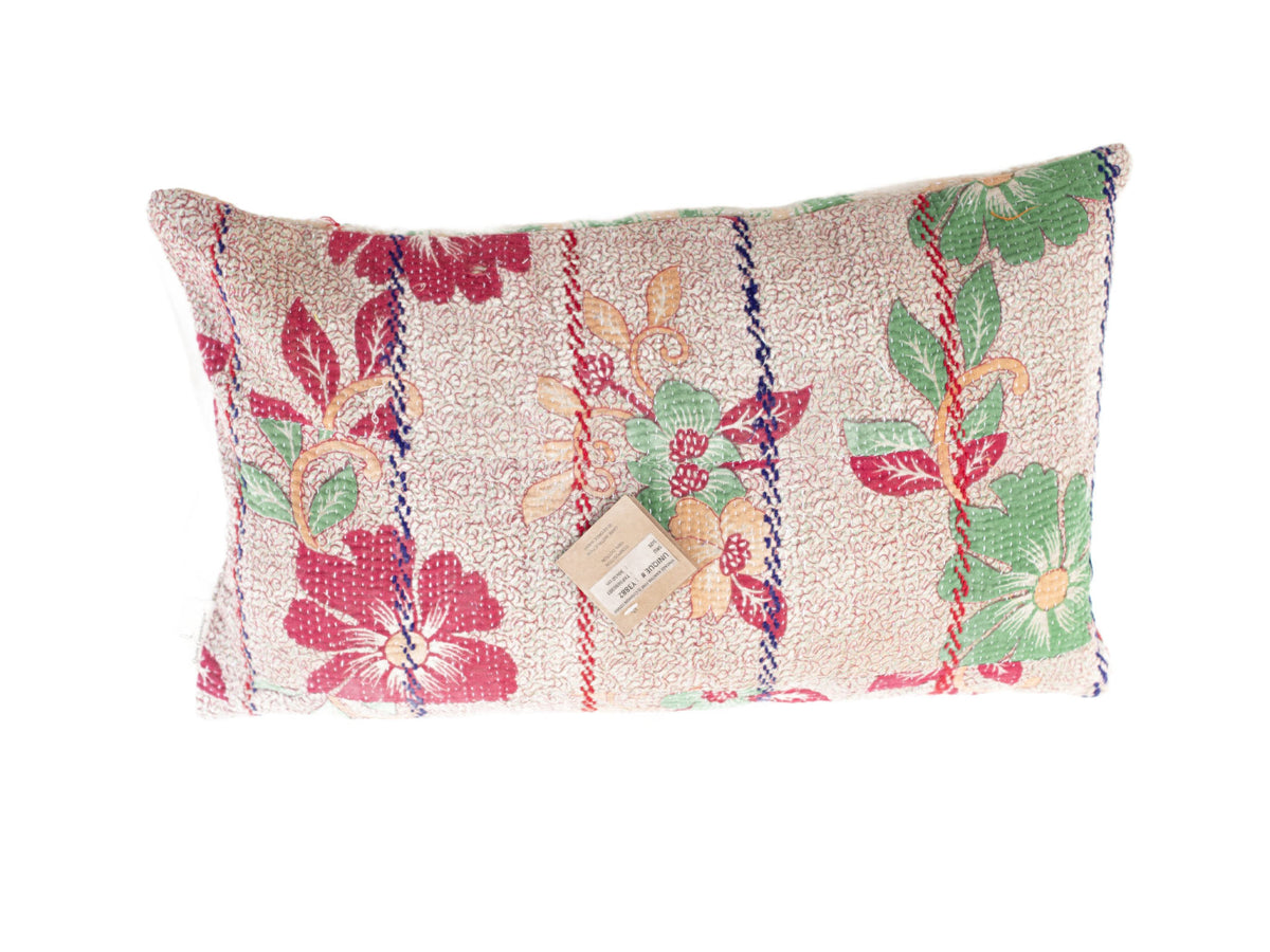 Sari pillowcase 30x50 cm in vintage boho style with colorful flowers in red, green and blue on a beige base (unique sari pillow)