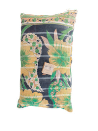 Sari pillowcase 30x50 in boho and vintage style with colorful floral and animal motifs in green, yellow, gray and orange with decorative stripes and ethnic details