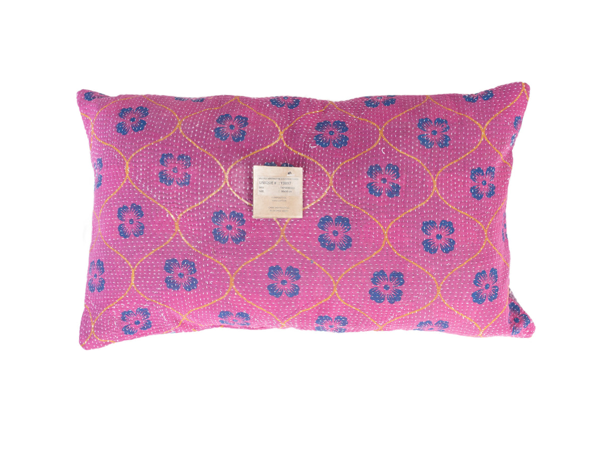 Sari pillowcase 30x50 in bohemian/vintage style with colorful flowers in pink, purple and navy, golden yellow sling patterns and ethnic details - unique sari pillow for sari pillows, Indian pillowcases and oriental pillows.