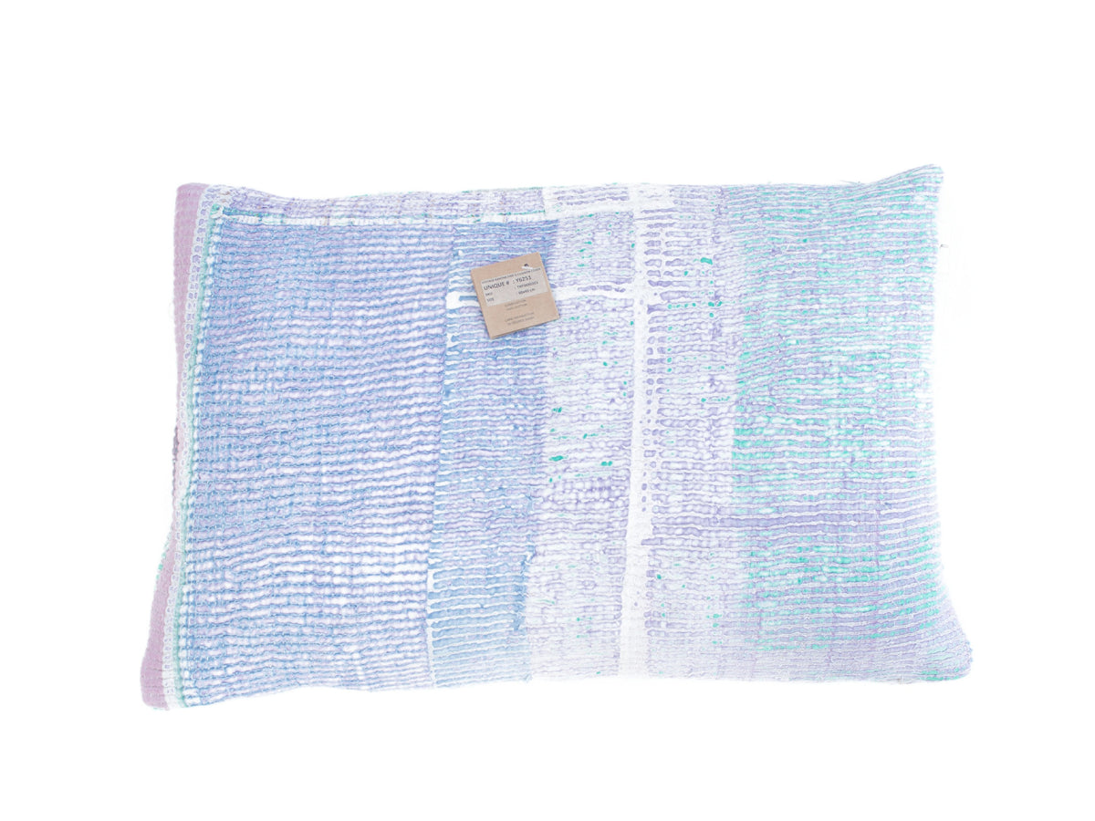 Sari pillowcase 60x40 in warm mustard yellow color with vintage diamond patterns in purple/brown and turquoise - unique Indian boho pillow with colorful ethnic details (sari pillows)