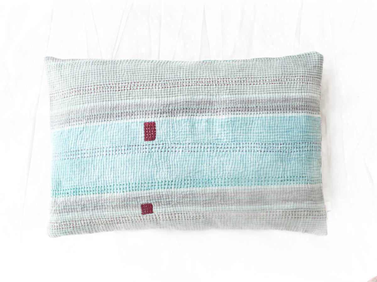 Sari pillowcase 60x40 in boho vintage style with colorful stripes in light blue, white and greenish blue textile look (unique Indian pillow)