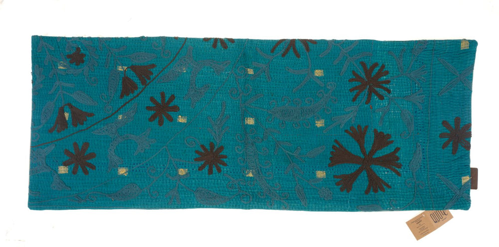 Sari cushion suzani cushion cover 50x50 cm turquoise with bohemian ethnic sari patterns of flowers and stars in dark blue and small gold squares in vintage oriental style
