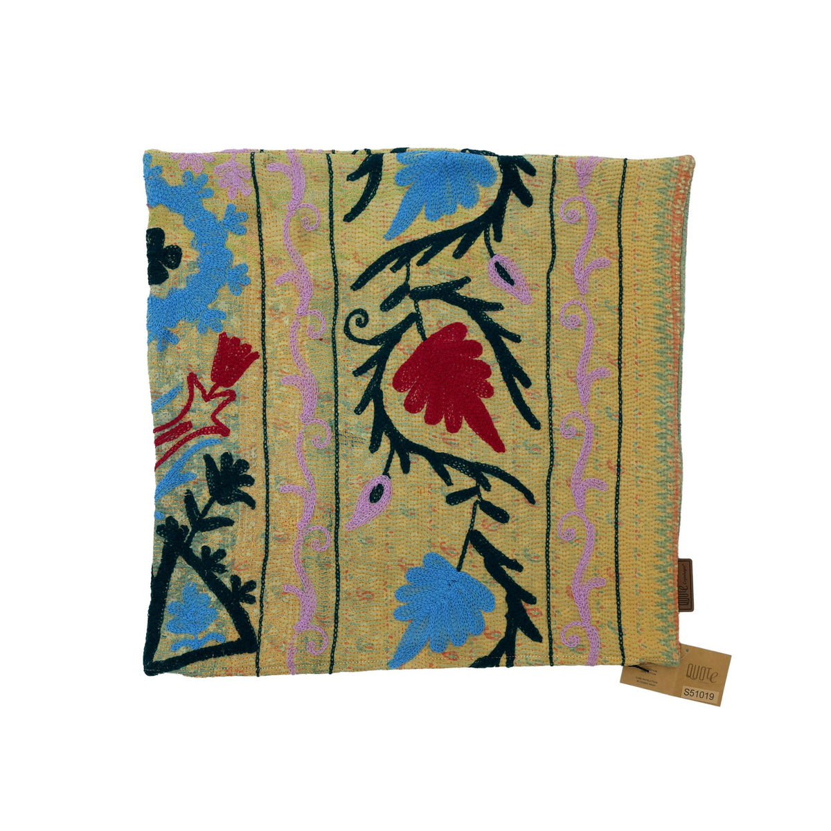Boho oriental pillowcase with suzani-inspired flowers in blue purple red and black on yellow beige background with vertical patterns