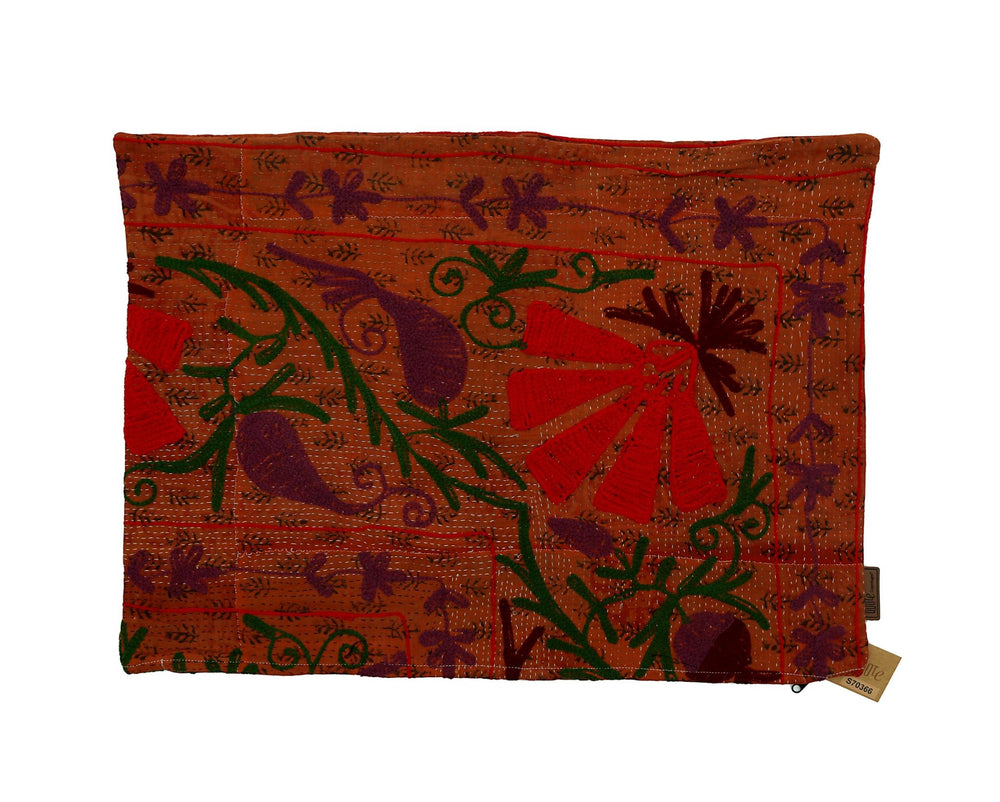 Colorful suzani pillowcase in orange with purple flowers green vines and red details ethnic boho vintage pillow