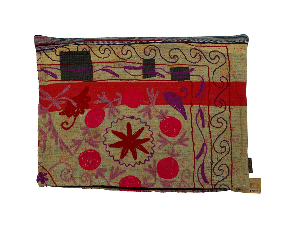 Colorful sari pillowcase in vintage boho style with beige bottom red stripe and purple oriental patterns with flowers and sling