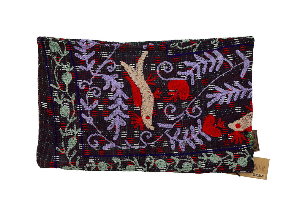 Suzani pillowcase 30x50 cm in dark black with vintage ethnic embroidery in purple red and mint green tendrils and beige figures