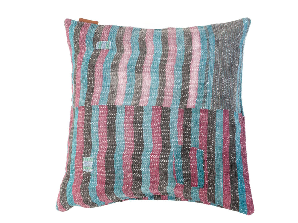 Sari pillowcase 50x50 with boho bohemian vintage pattern in turquoise, pink and gray stripes and Indian ethnic colorful details