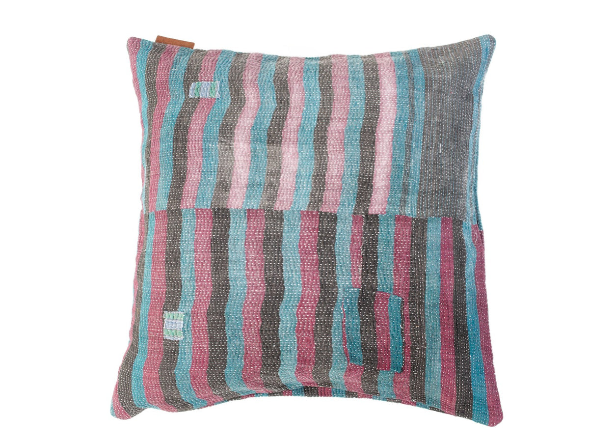 Sari pillowcase 50x50 with boho bohemian vintage pattern in turquoise, pink and gray stripes and Indian ethnic colorful details