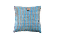 Sari pillowcase 50x50 with blue colors, beige and gray vertical stripes and vintage pattern - Indian, bohemian and upcycled sari pillow (unique)
