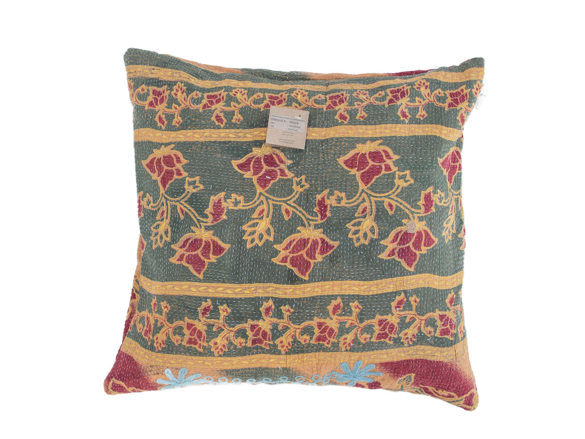 Indian sari pillowcase 50x50 with unique vintage boho pattern in dark green, burgundy, ocher and yellow (sari pillow / sari cushions, upcycled)