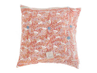 Sari pillowcase 50x50 in vintage pink with Indian inspired pattern, colorful sari pillows with gold colored details and small blue flower applications, boho bohemian Indian pillowcase