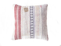 Sari pillowcase 50x50 in cream/white with red vertical stripes, purple border and oriental ornaments - unique vintage boho sari pillow in colorful textile patterns