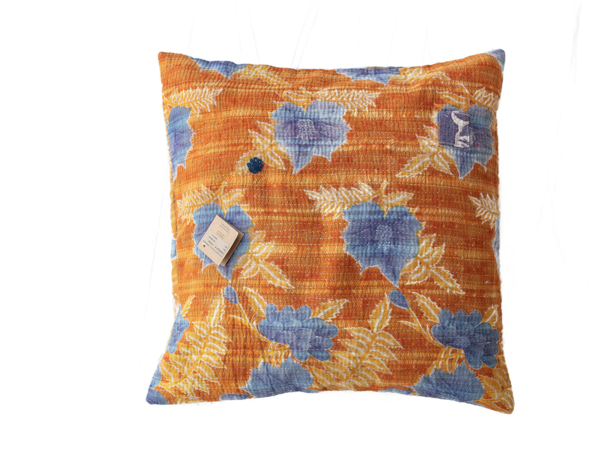 50x50 sari pillowcase in orange and blue with vintage bohemian pattern and colorful flowers, unique Indian wrapping/upcycled sari pillow look