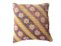 50x50 sari pillowcase with lilac base, colorful flowers and stripe patterns in mustard, light blue and white, unique Indian/vintage bohemian boho design on sari pillowcase