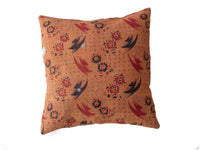 50x50 sari pillowcase in vintage boho style with colorful Indian patterns in warm ochre, red and dark blue as well as decorative flowers and feather motifs (unique sari pillow)