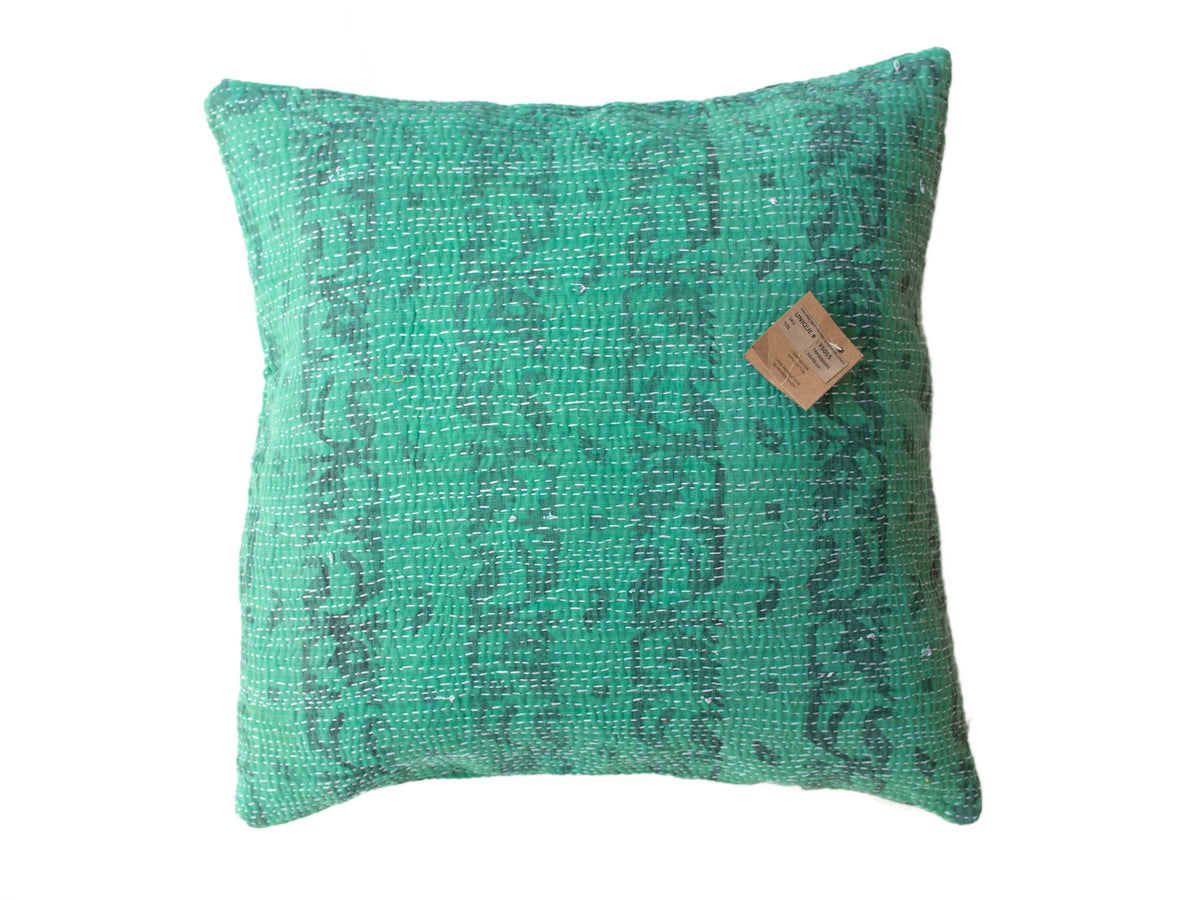 Green 50x50 sari cushion cover with vintage, ethnic boho pattern and colorful sari cushion details in upcycled style