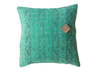 Green 50x50 sari cushion cover with vintage, ethnic boho pattern and colorful sari cushion details in upcycled style