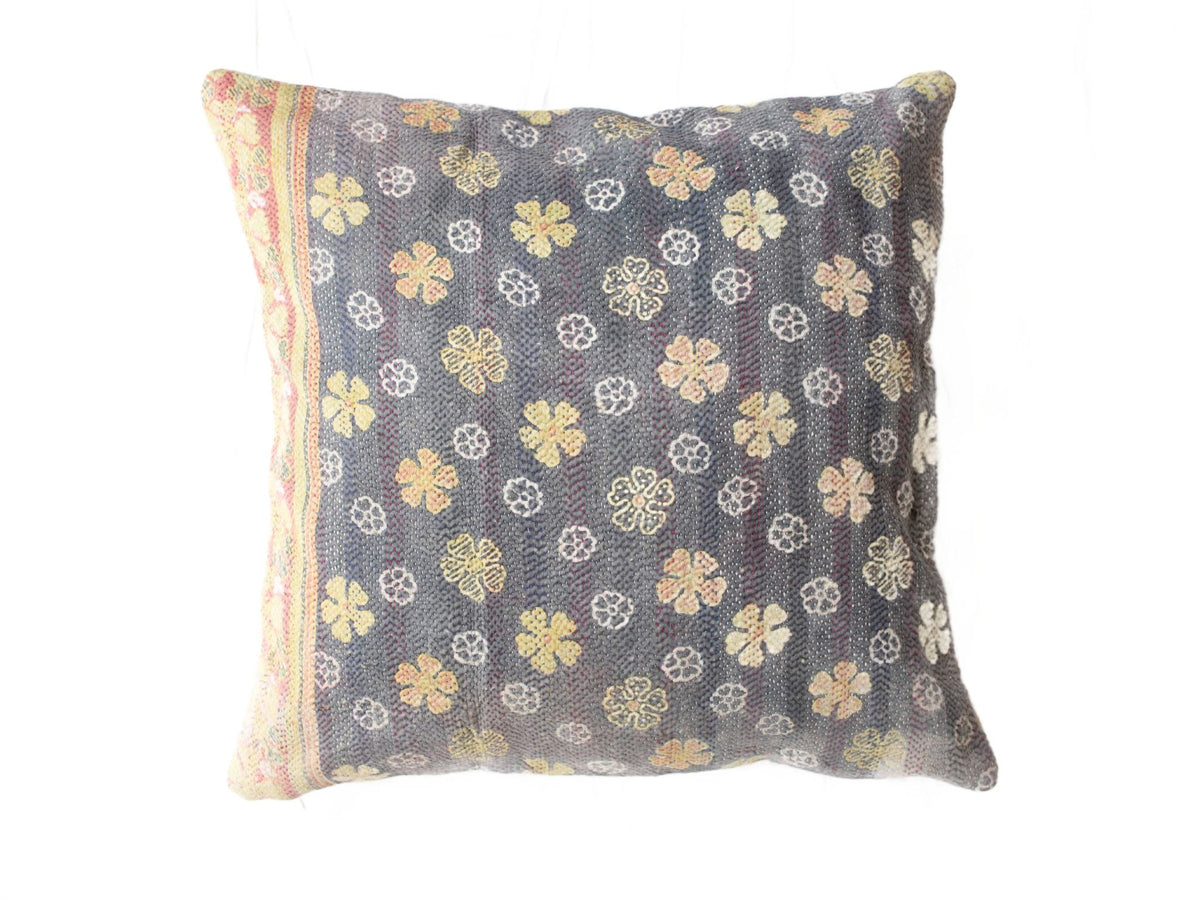 Sari pillowcase 50x50 in dark grey with colorful floral and ornamental patterns, vintage boho Indian style (sari pillows, unique pillows)