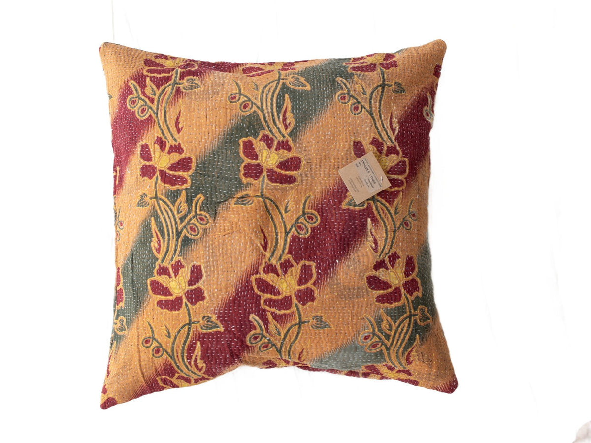 Sari pillowcase 50x50 with colorful vintage floral and paisley patterns in burgundy, orange and green tones - unique Indian pillowcase for boho bohemian sari pillow