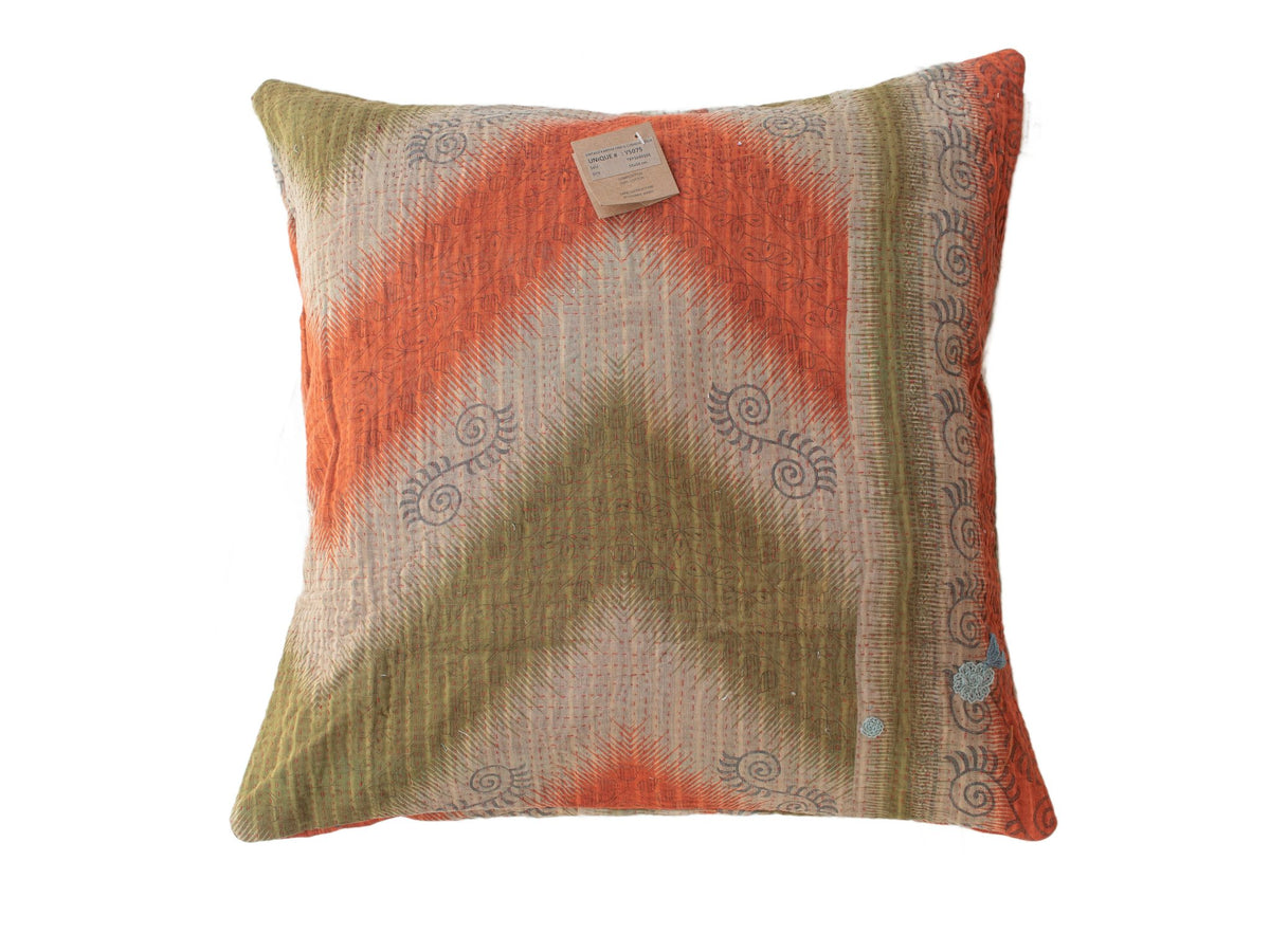 Unique sari pillowcase 50x50 in bohemian colors with rusty orange, olive green and beige patterns and decorative oriental spiral prints in vintage style