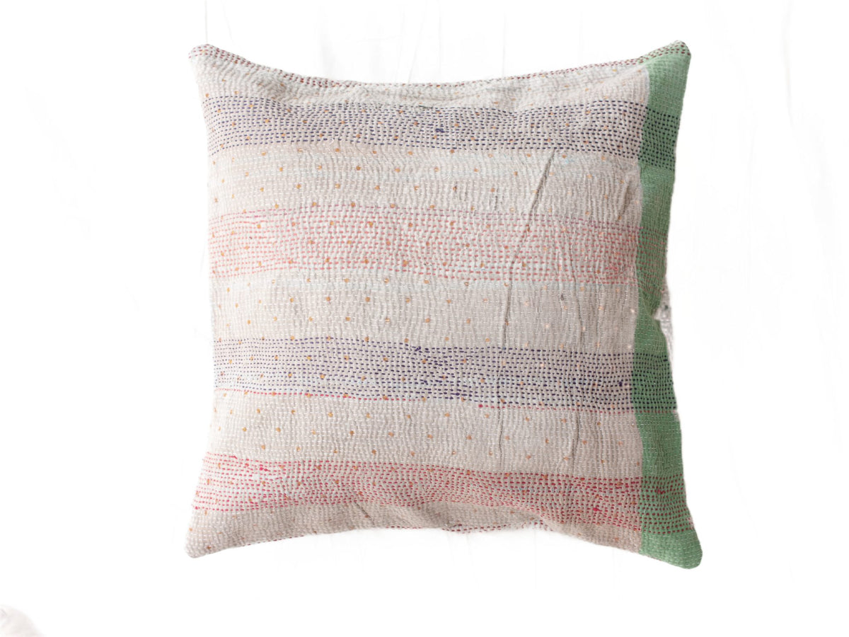 Sari pillowcase 50x50 in white and off-white with colorful dots and stripes, boho bohemian vintage pattern and green contrast border, Indian upcycled sari pillow/Indian pillowcases