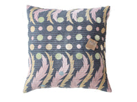 Sari pillowcase 50x50 in dark navy with colorful bohemian patterns of pink, lime and beige circles and oriental leaves, vintage Indian decor (unique sari pillow)
