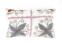 Unique suzani pillowcase 30x50 cm with white base dark blue grey leaves brown swirls and pink border boho vintage oriental ethnic sari pillow