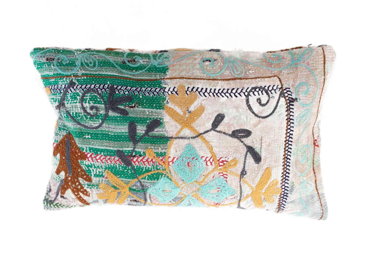 Suzani pillowcase 30x50 cm in boho vintage style with embroidered flowers and slings as well as circles in green turquoise yellow and dark blue details