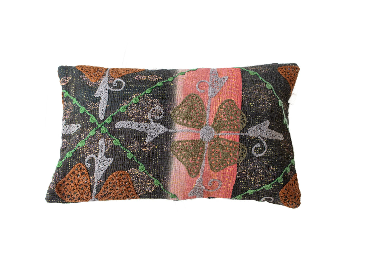 Unique boho suzani pillowcase 30x50 cm with dark black base and colorful embroidered oriental pattern in pink green gray and brown corners