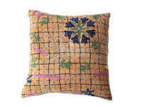 Suzani pillowcase 50x50 cm in mustard yellow boho style with black checkered pattern, blue swirls and embroidered flowers in green navy and purple.