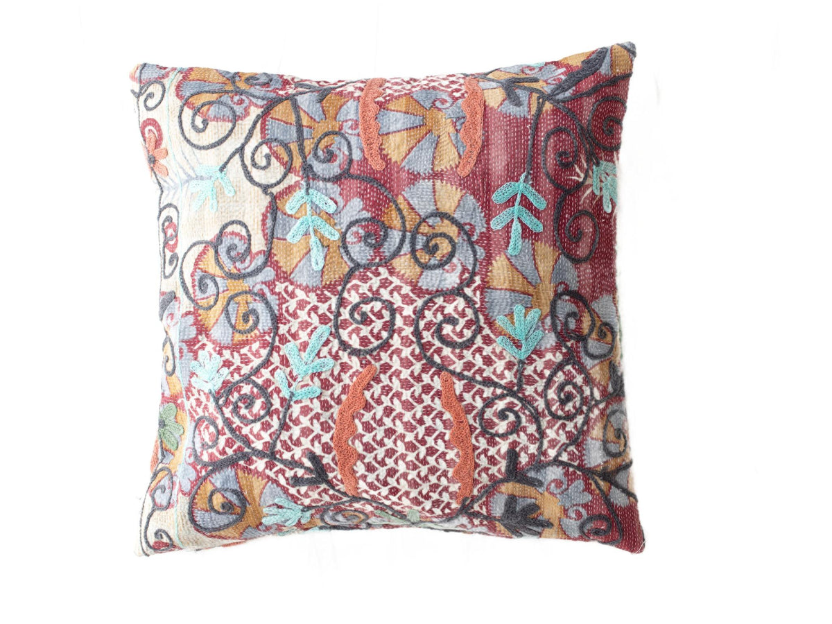 Unique suzani pillowcase 50x50 cm in vintage boho style with colorful embroidered sling motifs in burgundy cream blue ochre and gray tones